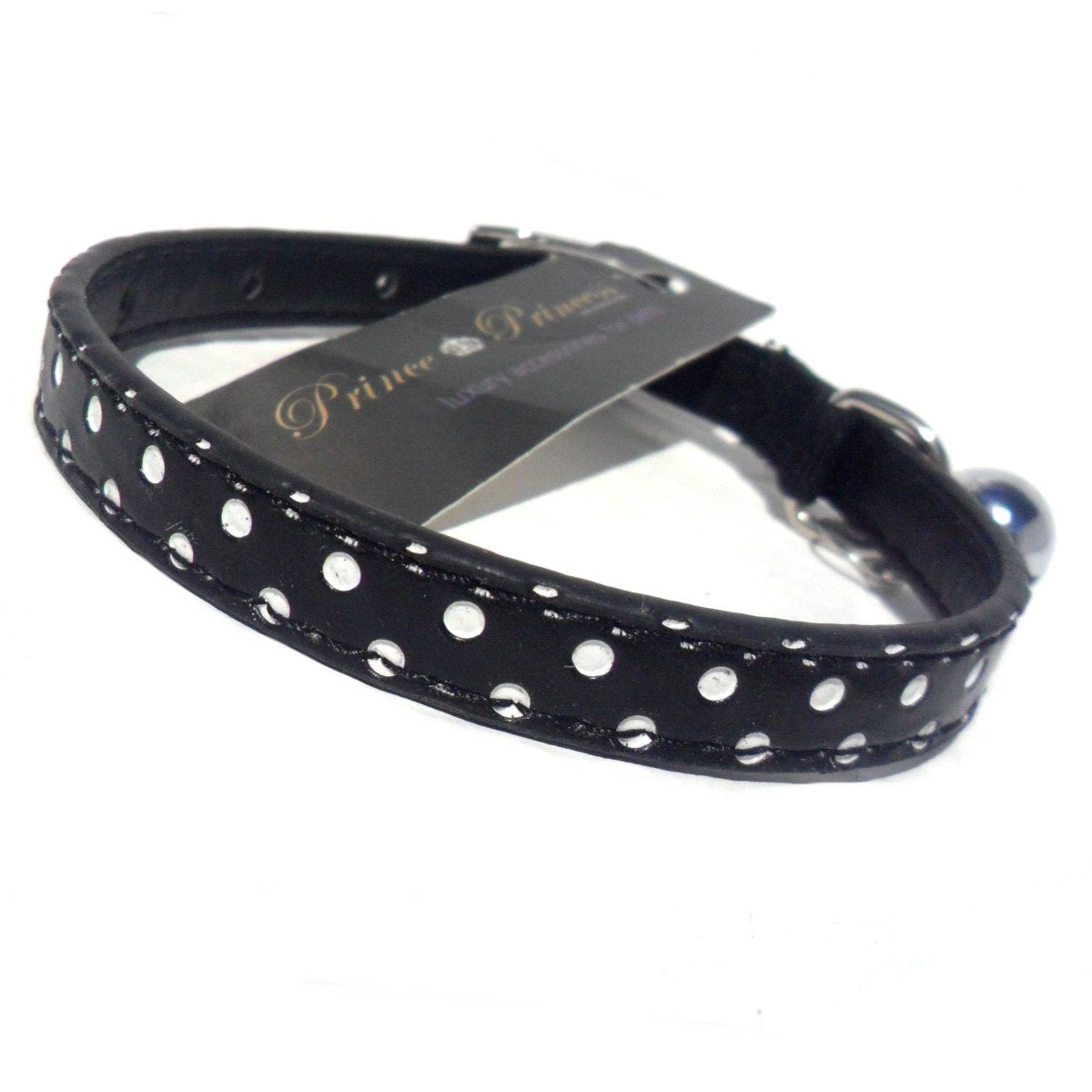 Black polka dot cat collar by Salmon Oscar featuring a stylish and adjustable leash and collar set for pets.