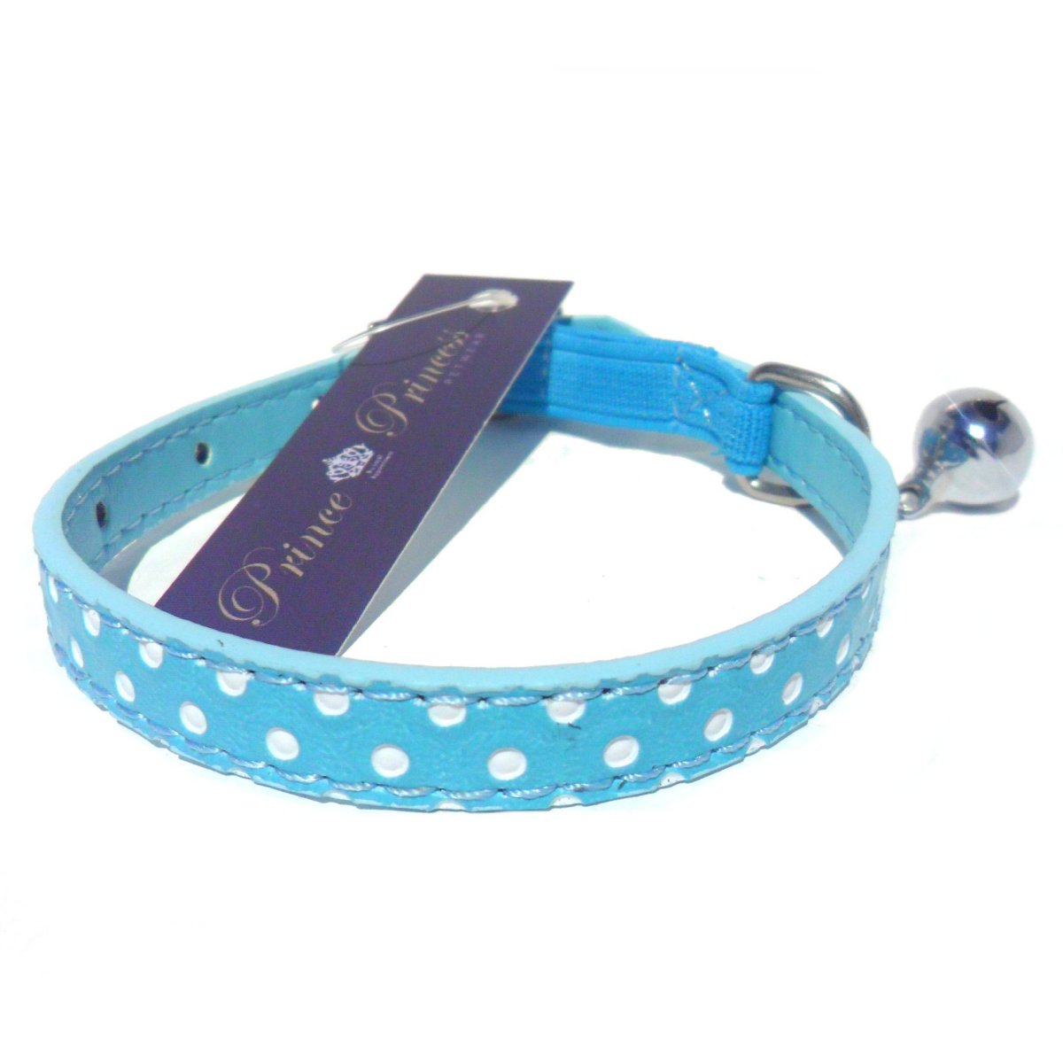 Blue polka dot cat collar from Salmon Oscar with a cute, adjustable design for pets, featuring a secure buckle and lightweight material.
