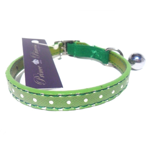 Green polka dot cat collar by Salmon Oscar featuring a playful design and adjustable strap for a comfortable fit.
