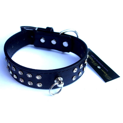 Black double row crystal rhinestone dog collar by Salmon Oscar, 10-20 inch adjustable pet accessory with sparkling embellishments.
