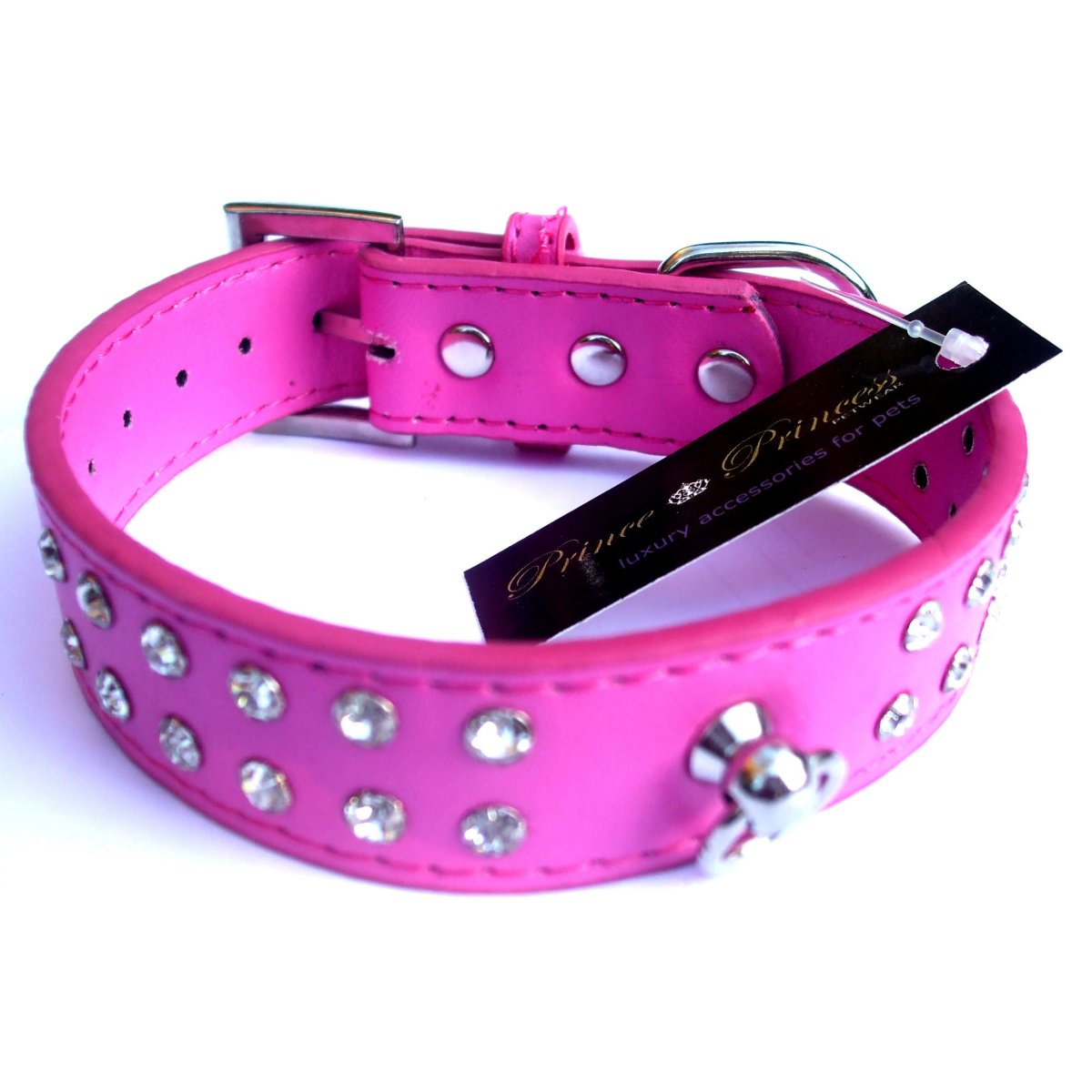 Deep pink double row crystal rhinestone dog collar by Salmon Oscar, 10-20 inches, stylish pet accessory with sparkling embellishments.