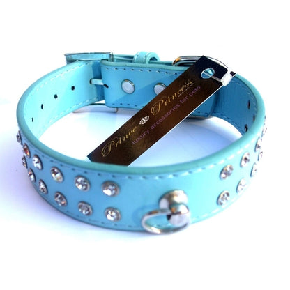 Light blue double row crystal rhinestone dog collar by Salmon Oscar, 10-20 inches, stylish pet collar with sparkling accents.