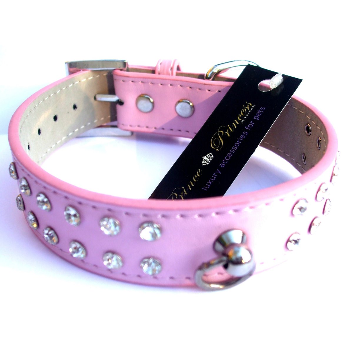 Light pink double row crystal rhinestone dog collar by Salmon Oscar, 10-20 inch size, decorated with sparkling rhinestones.