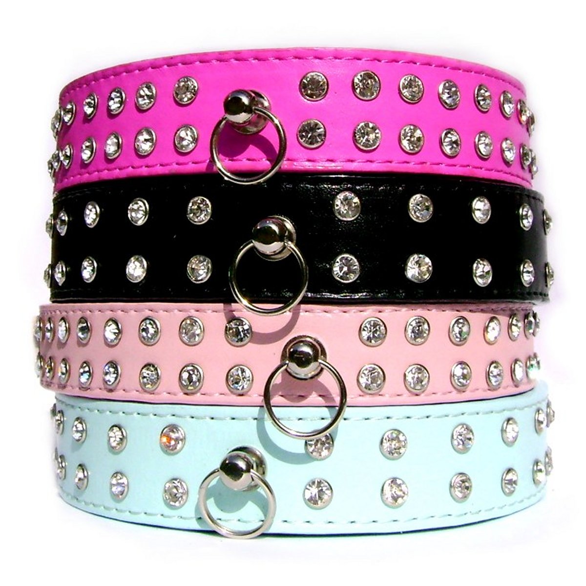 Salmon Oscar double row crystal rhinestone dog collar in 10-20 inch size with sparkling design and adjustable strap.