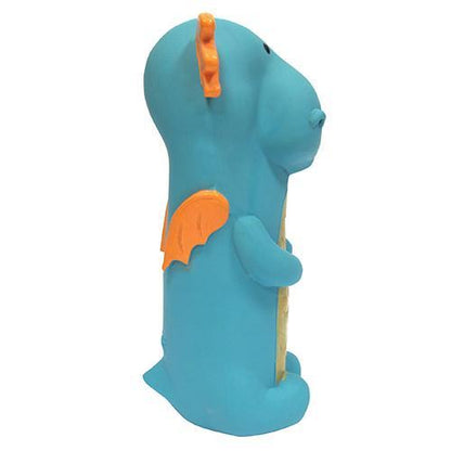 Blue Fuchsia Oscar Dragon Cruncher pet toy, 8-8.5 inches long, made of durable materials with textured surface for chewing.