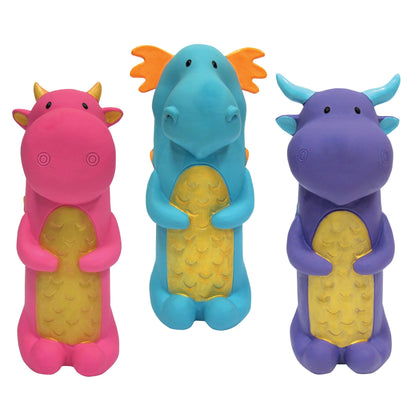 Fuchsia Oscar Dragon Cruncher pet toy, 8 to 8.5 inches, durable chew toy for dogs, featuring a colorful dragon design.