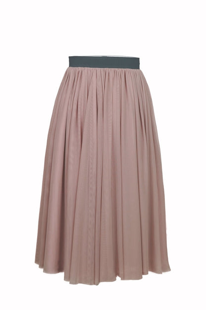 Dusty rose Sweet Pea skirt by Salmon Bella displayed on a ghost mannequin, showcasing its flowy fabric and stylish design.