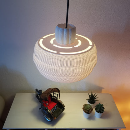 Azure Pontus Dynasty Glow Pendant Lamp hanging with warm light, modern lighting fixture for stylish interior decor.