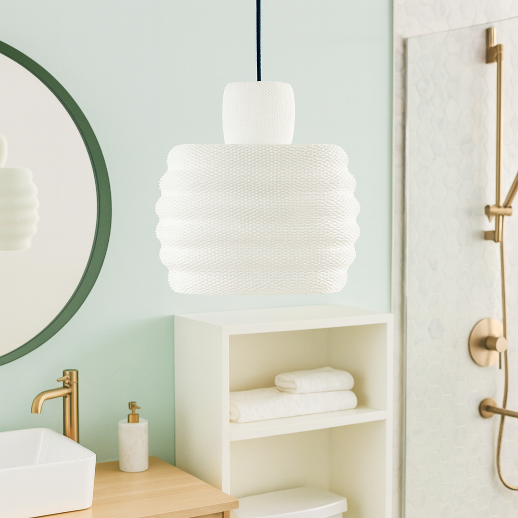 Azure Pontus Dynasty Ripple Pendant Lamp hanging with its textured, ripple-style design illuminating a modern interior.