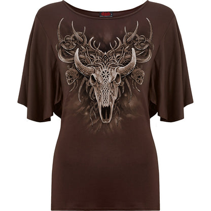 Black Jasper horned spirit boat neck bat sleeve top in chocolate, featuring a stylish boat neckline and batwing sleeves.