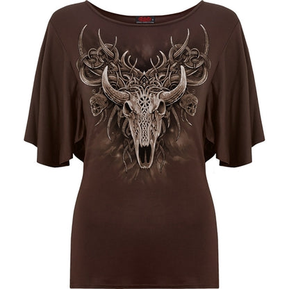 Black Jasper horned spirit boat neck bat sleeve top in chocolate color, featuring a stylish boat neckline and batwing sleeves.