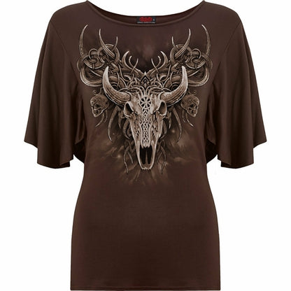 Black Jasper horned spirit boat neck bat sleeve top in rich chocolate color, featuring a stylish boat neckline and batwing sleeves.