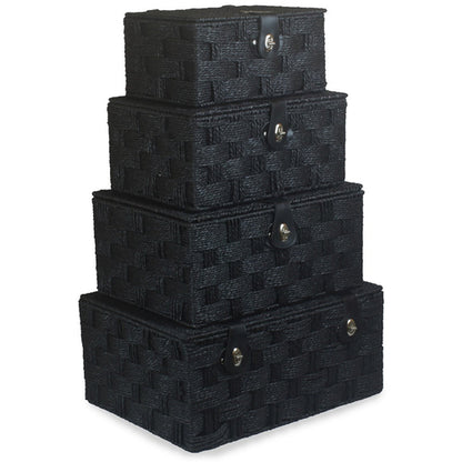 Twisted black paper storage basket by White Chronos, ideal for home decor; features a woven design and sturdy handles.