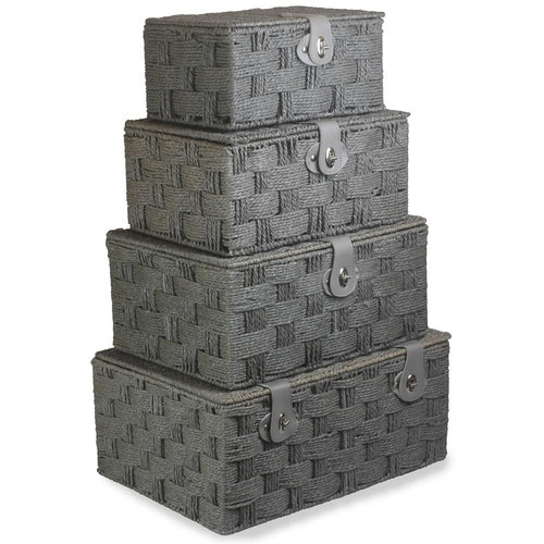 Twisted grey paper rope storage basket for home decor by White Chronos, featuring a woven design and sturdy handles.