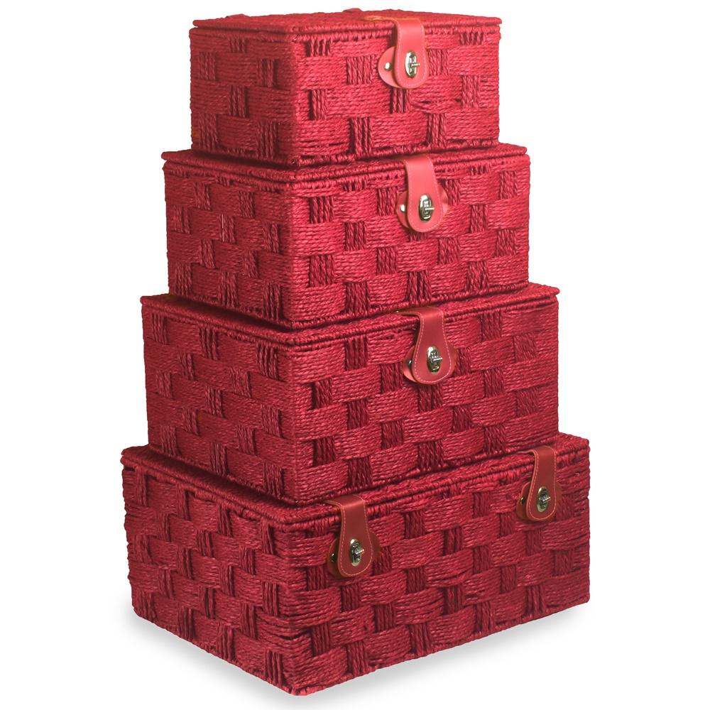 Red paper rope storage basket for home decor by White Chronos, featuring a twisted design and spacious interior.