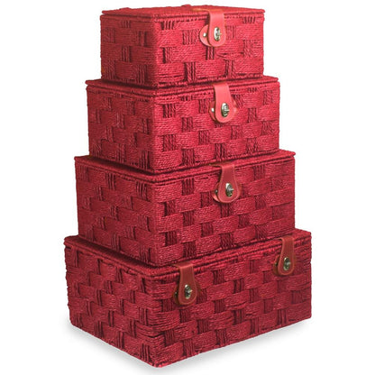 Red paper rope storage basket for home decor by White Chronos, featuring a twisted design and spacious interior.