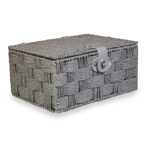 Twisted grey paper rope storage basket by White Chronos, used for home decor and organization.