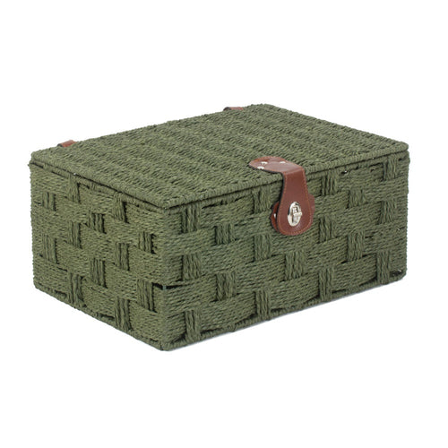 Small twisted green paper storage basket by White Chronos, woven with paper rope for home decor and organization.