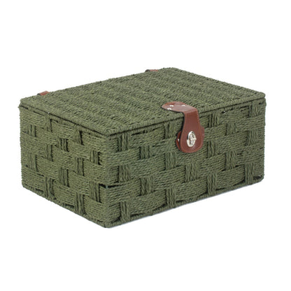 Small twisted green paper storage basket by White Chronos, woven with paper rope for home decor and organization.