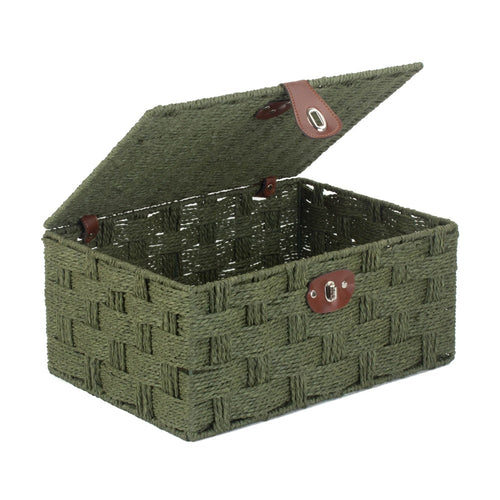 Small twisted green paper storage basket from White Chronos, woven rope home decor hamper for organizing or decoration.