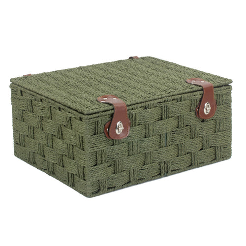 Small twisted green paper storage basket by White Chronos, woven with paper rope, ideal for home decor and organization.