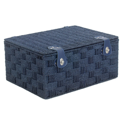Twisted blue paper storage basket from White Chronos, a stylish home decor accessory with a woven design and sturdy handle.