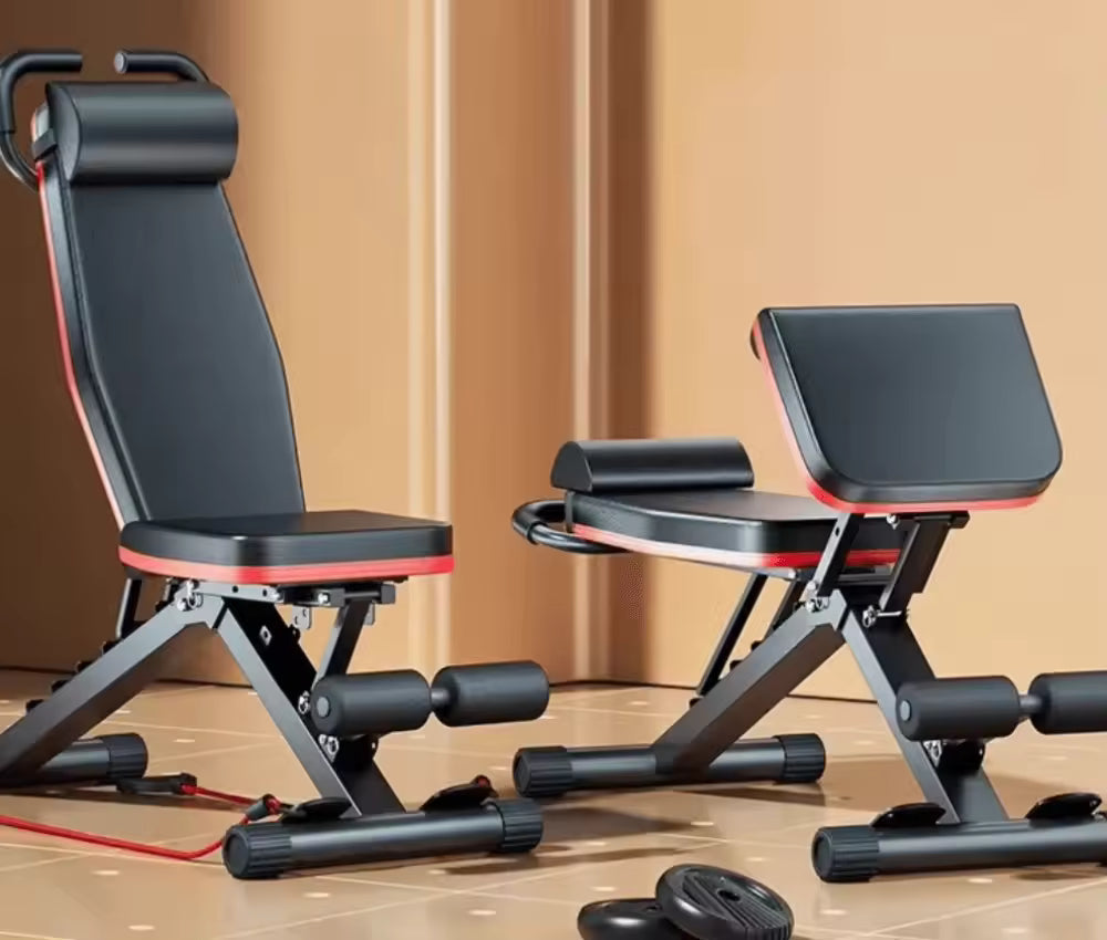 Adjustable Roman chair by Puce Orpheus for home gym, featuring a padded seat and extension bar for core and back workouts.