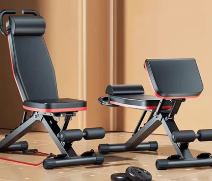 Adjustable Roman chair by Puce Orpheus for home gym, featuring a padded seat and extension bar for core and back workouts.