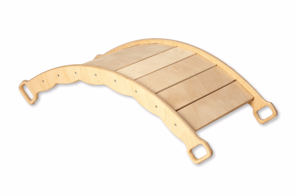 Red Oceanus XL wooden balance board with pillow, versatile furniture piece for relaxation and support, natural wooden finish.