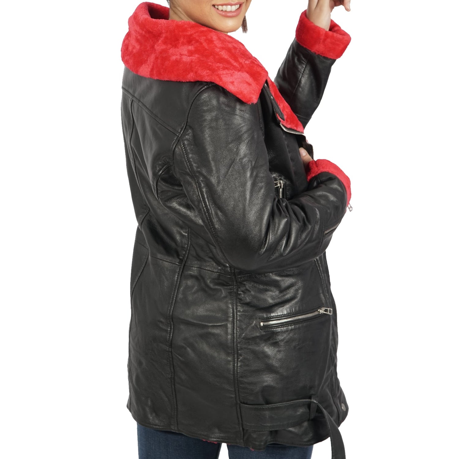 Azure Metis Elenore real leather long coat displayed on a hanger, showcasing its sleek design and high-quality craftsmanship.