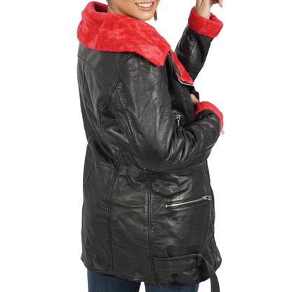 Azure Metis Elenore real leather long coat displayed on a hanger, showcasing its sleek design and high-quality craftsmanship.