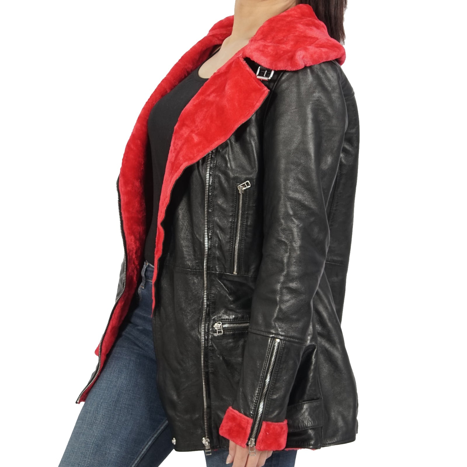 Azure Metis Elenore real leather long coat displayed on a hanger, showcasing its sleek design and high-quality craftsmanship.