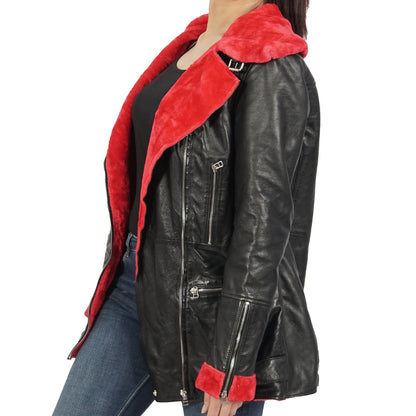 Azure Metis Elenore real leather long coat displayed on a hanger, showcasing its sleek design and high-quality craftsmanship.