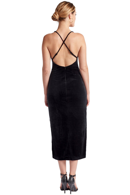 Black velvet Elle dress by Peach Dionysus featuring a scooped back and thigh-high slit, elegant slip dress for formal occasions.