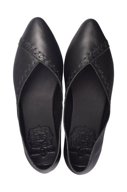 Black leather pointed toe flats for women, Gold Ares Elle Pointed Toe Leather Flats, stylish and comfortable women&