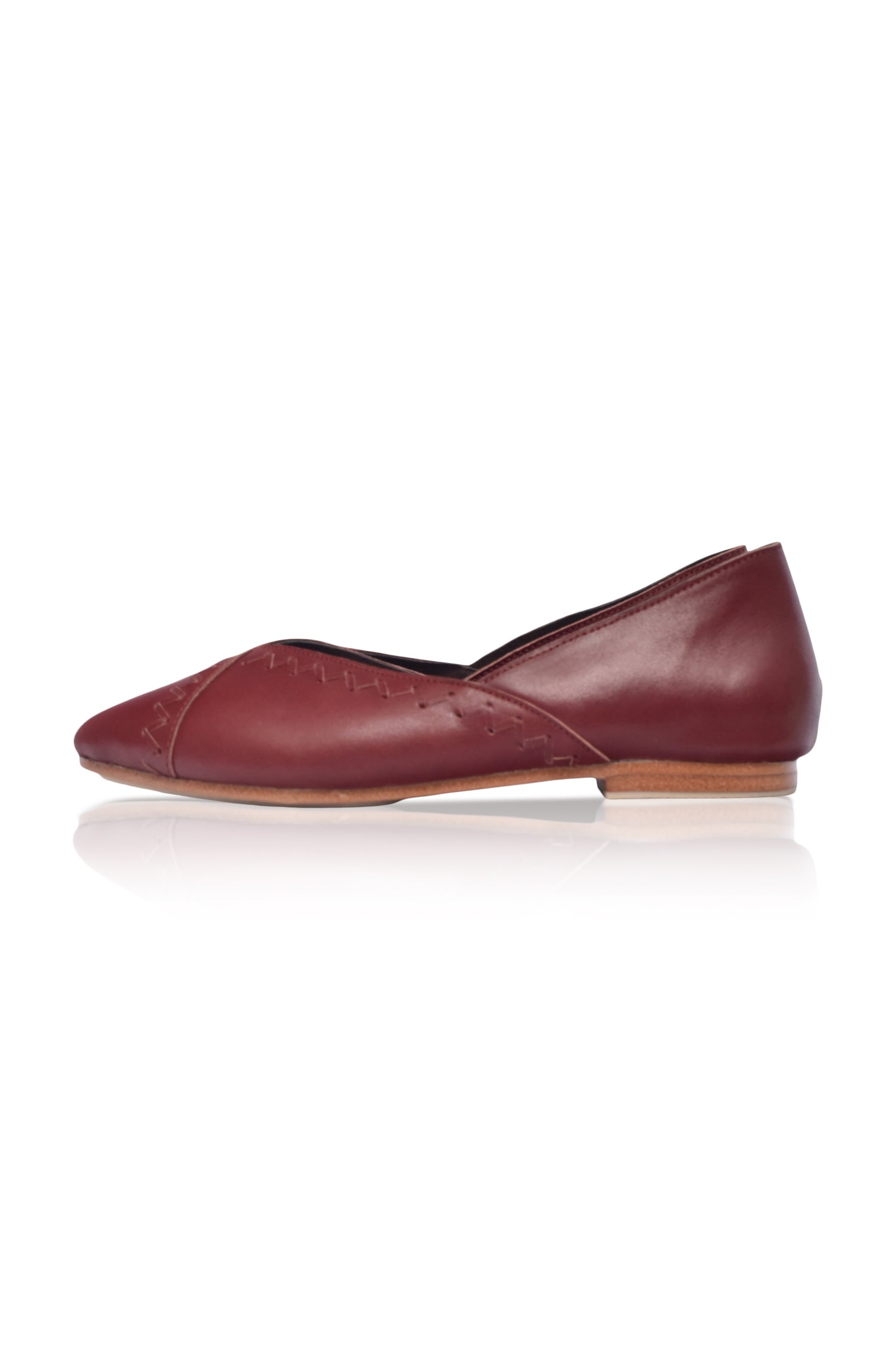 Maroon leather pointed toe flats for women by Gold Ares, stylish and comfortable footwear.