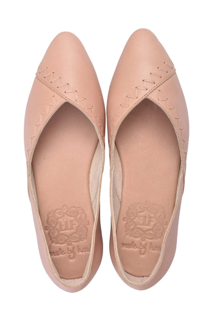 Gold Ares Elle pointed toe leather flats for women in vintage beige, featuring a sleek, elegant design and comfortable fit.