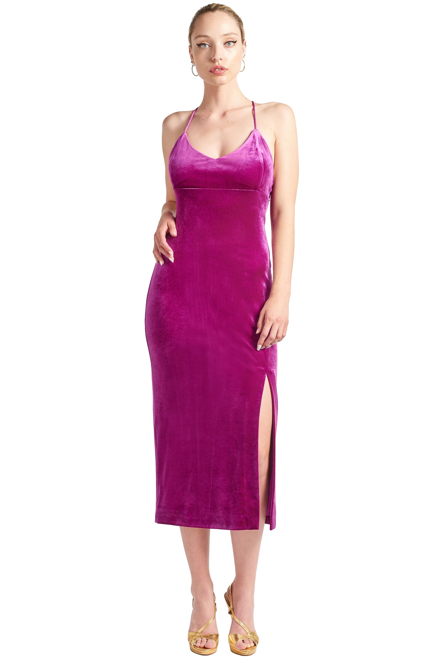 Peach Dionysus Elle Magenta Velvet Long Slip Dress with front thigh slit and low criss, showcasing elegant fabric and stylish design.