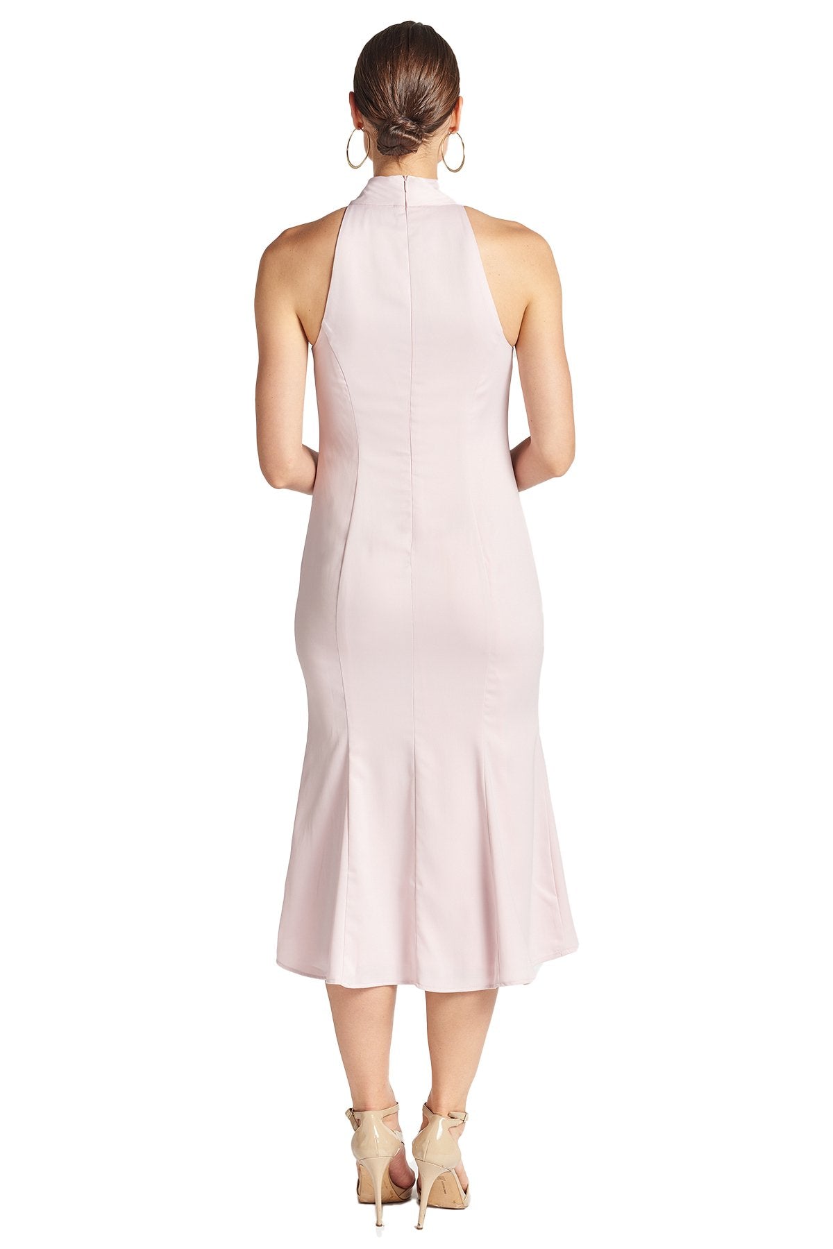Peach Dionysus Eloise Dress in stretch satin, rose-colored midi mermaid style with neck tie, shown from the back.