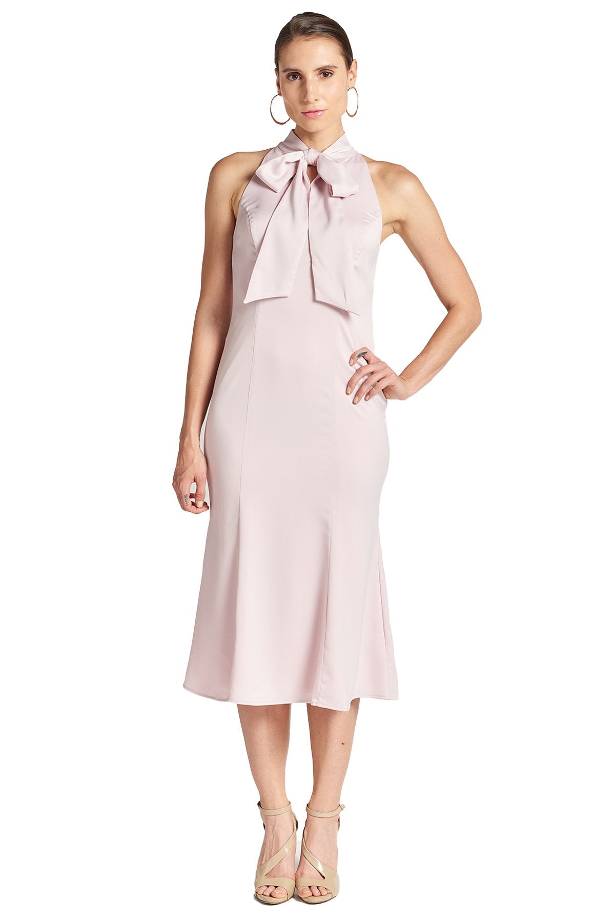 Peach Dionysus Eloise Dress in stretch satin midi mermaid style with a neck tie and rose detail, shown from the front.