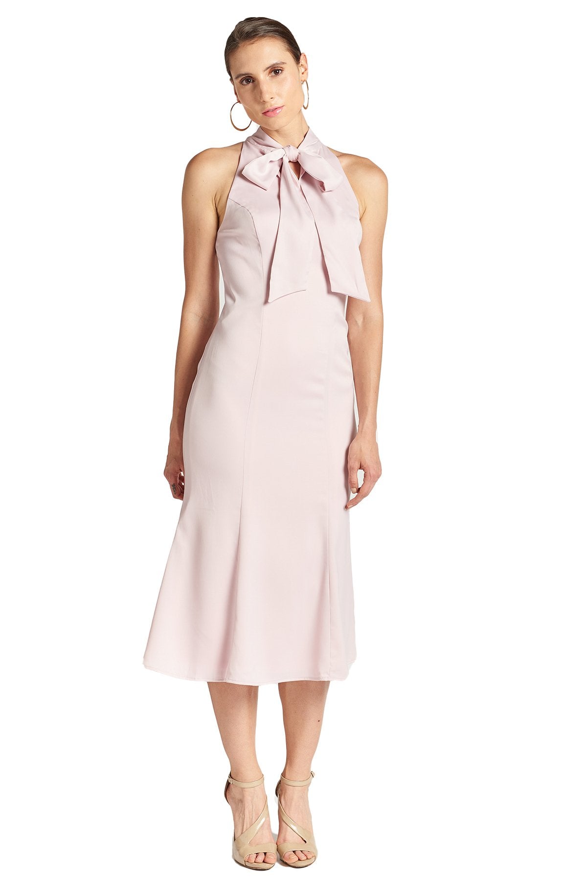 Peach Dionysus Eloise stretch satin midi mermaid dress with neck tie and rose detail, shown from the front.