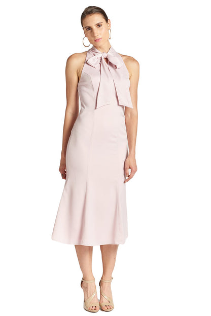 Peach Dionysus Eloise stretch satin midi mermaid dress with neck tie and rose detail, shown from the front.