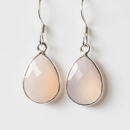 Emilia Chalcedony Tear-Drop Earrings by Sapphire Maple featuring elegant blue gemstone drops and silver hooks.