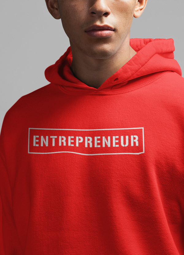 Scorpius Entrepreneur Hoodie, a casual black sweater with white embroidered logo, featuring a comfortable hood and front pocket.