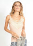 Blush knit V-neck tank top with lace trim from Azure Thanatos, featuring a sleeveless design and soft fabric for casual wear.