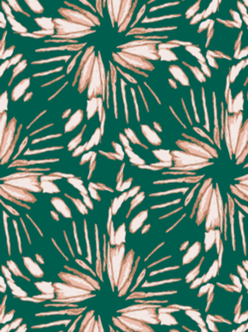 Close-up of Salmon Bella Natalie Dress in evergreen print, showcasing detailed fabric pattern and elegant dress design.