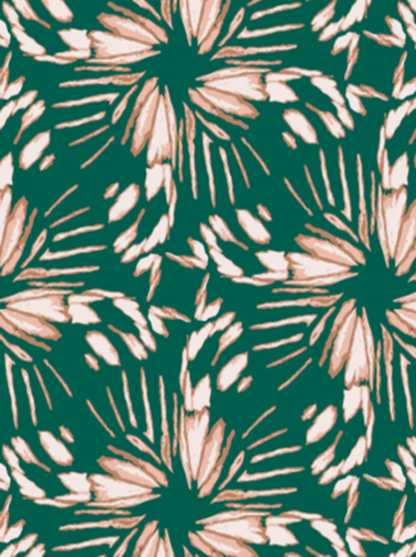 Close-up of Salmon Bella Natalie Dress in evergreen print, showcasing detailed fabric pattern and elegant dress design.
