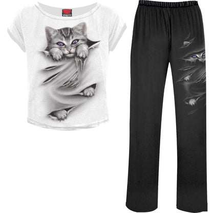 Black Jasper Bright Eyes gothic 4-piece pajama set for women, featuring dark sleepwear with eye-themed designs and comfortable fabric.