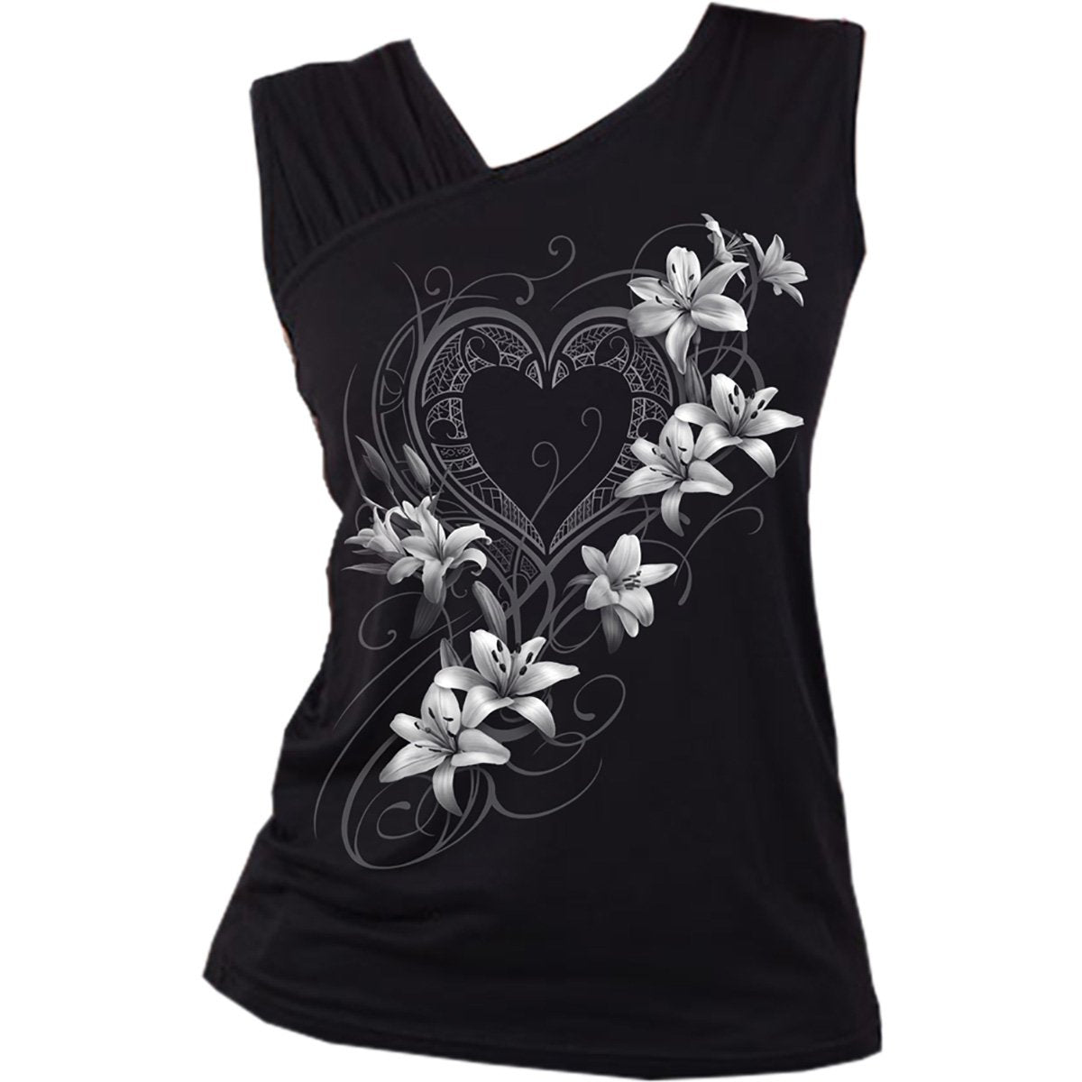 Black Jasper gathered shoulder slant vest from PURE OF HEART collection, black sleeveless top with a stylish, gathered shoulder design.