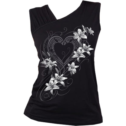 Black Jasper gathered shoulder slant vest from PURE OF HEART collection, black sleeveless top with a stylish, gathered shoulder design.